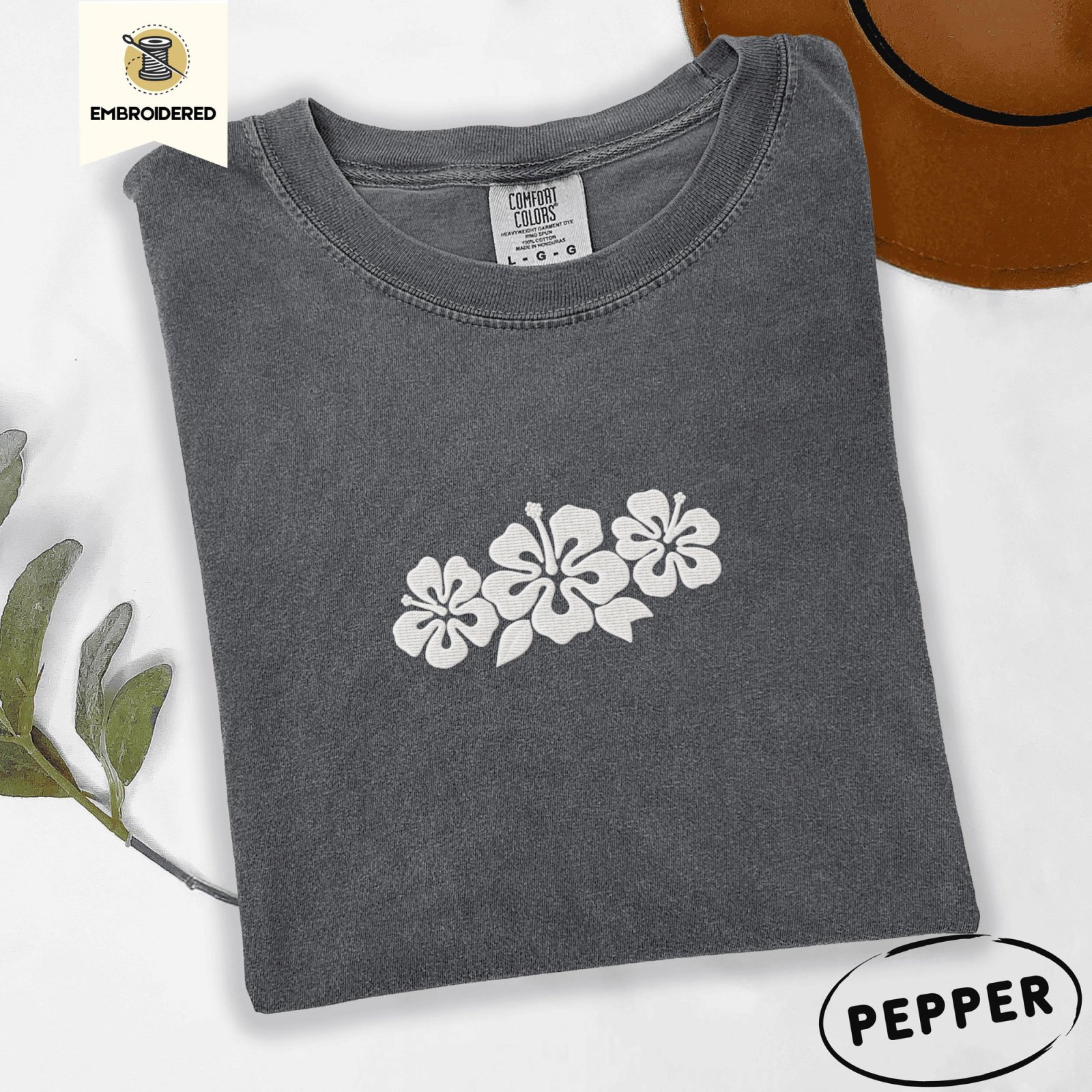 Pepper Hibiscus Flowers Embroidered T-Shirt