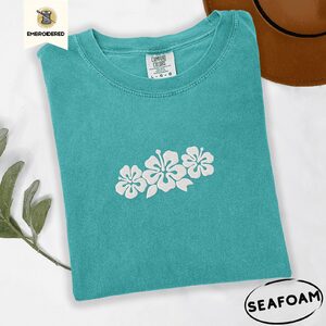 Seafoam Hibiscus Flowers Embroidered T-Shirt