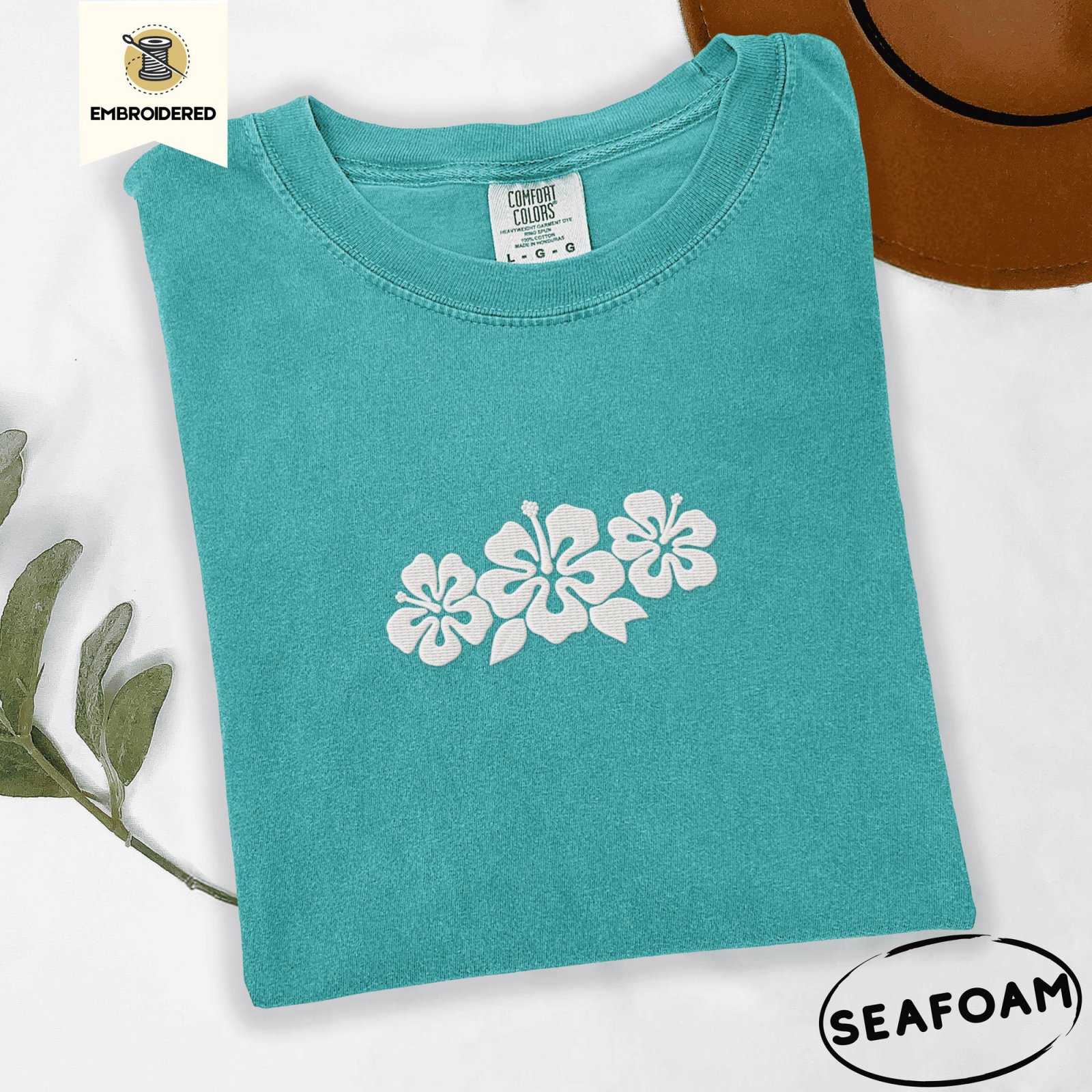 Seafoam Hibiscus Flowers Embroidered T-Shirt