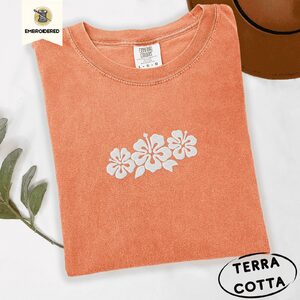 Terracotta Hibiscus Flowers Embroidered T-Shirt