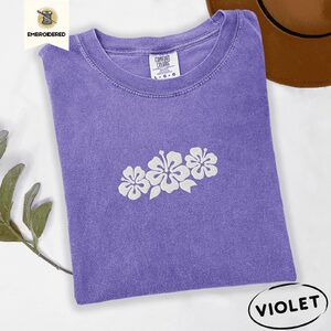 Violet Hibiscus Flowers Embroidered T-Shirt