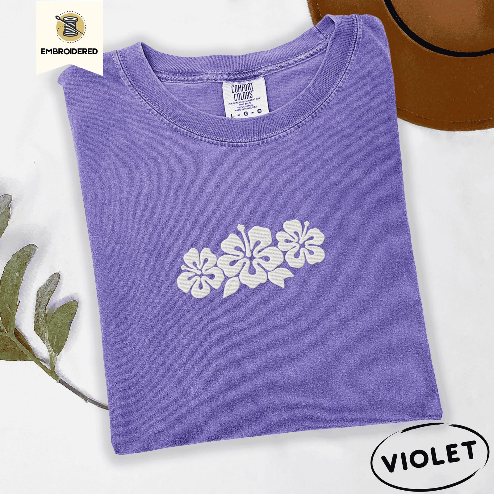 Violet Hibiscus Flowers Embroidered T-Shirt