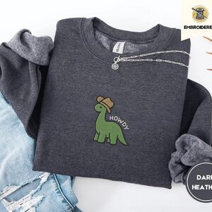 Dark Heather Howdy Cowboy Dinosaur Embroidered Sweatshirt