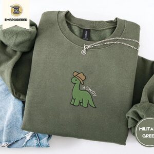 Military Green Howdy Cowboy Dinosaur Embroidered Sweatshirt
