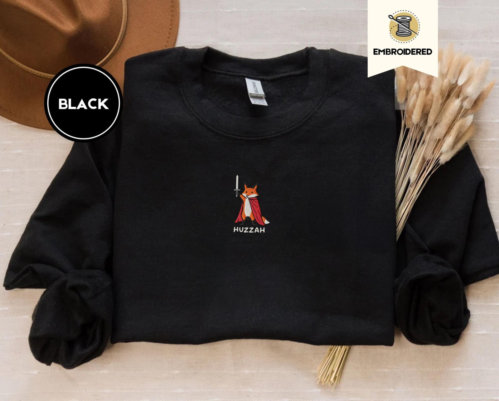 Black Huzzah Fox Embroidered Sweatshirt