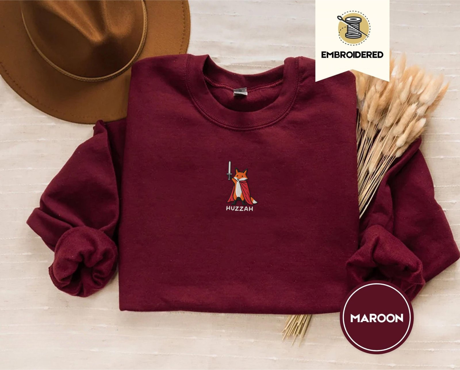 Maroon Huzzah Fox Embroidered Sweatshirt