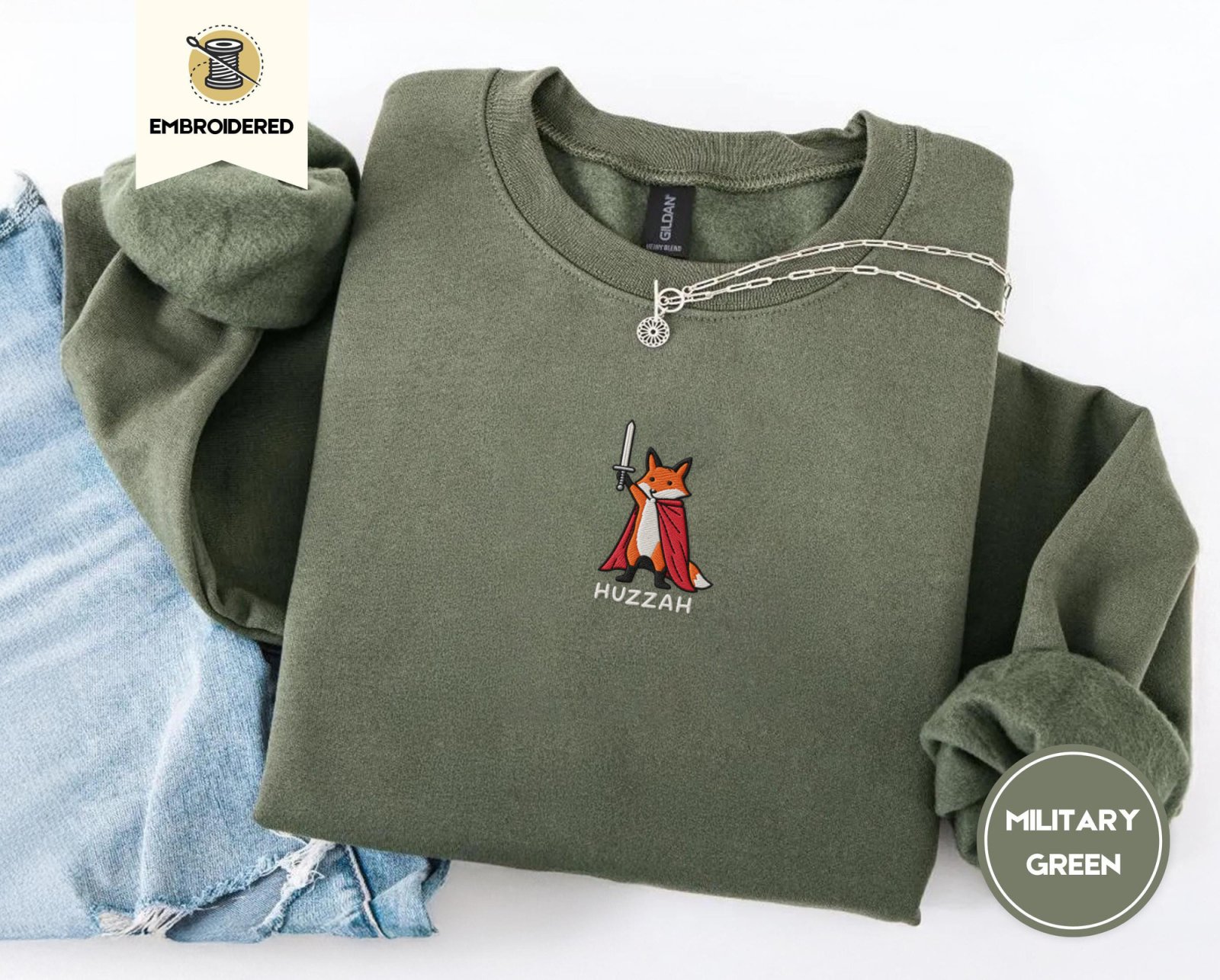 Military Green Huzzah Fox Embroidered Sweatshirt