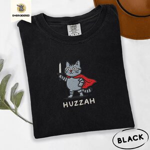 Black Huzzah Knight Cat Embroidered T-Shirt