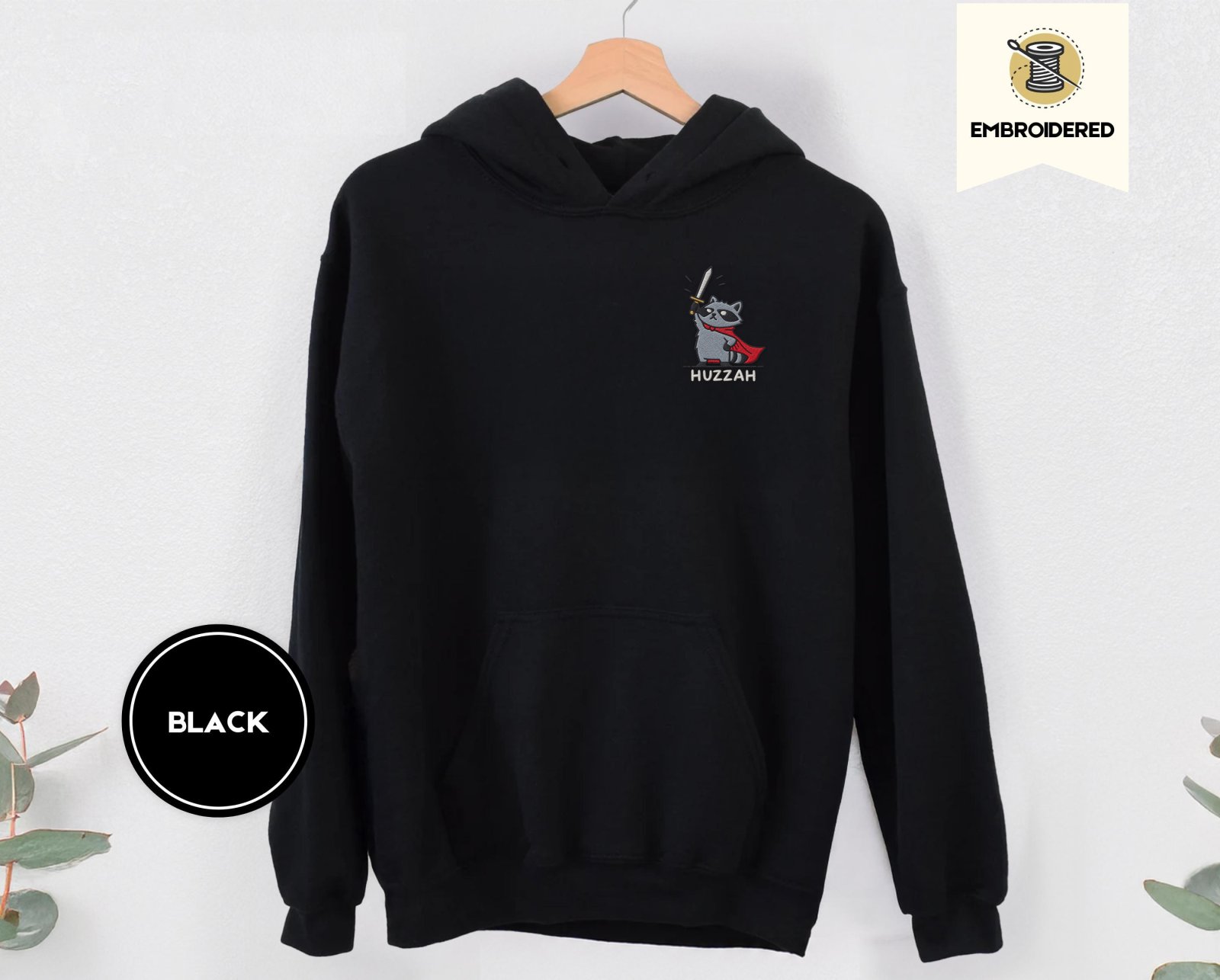 Black Huzzah Raccoon Knight Embroidered Hoodie