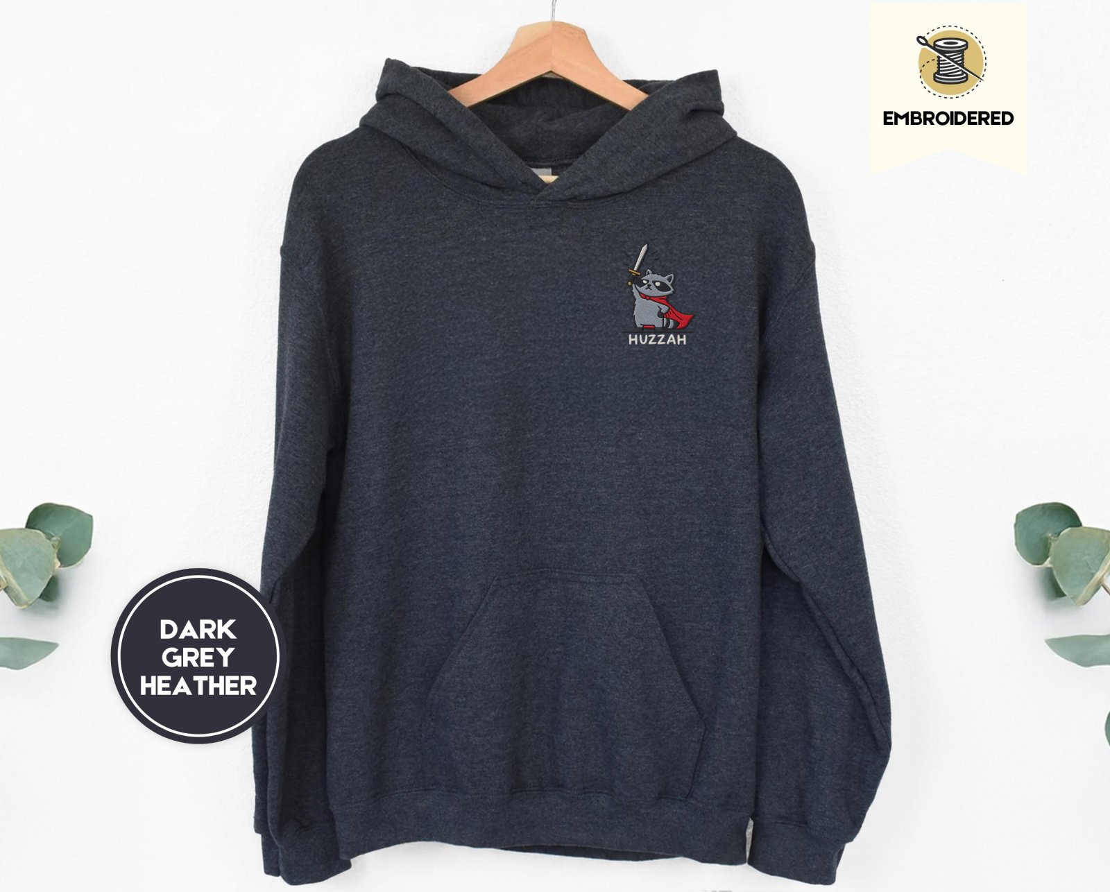 Dark Heather Huzzah Raccoon Knight Embroidered Hoodie