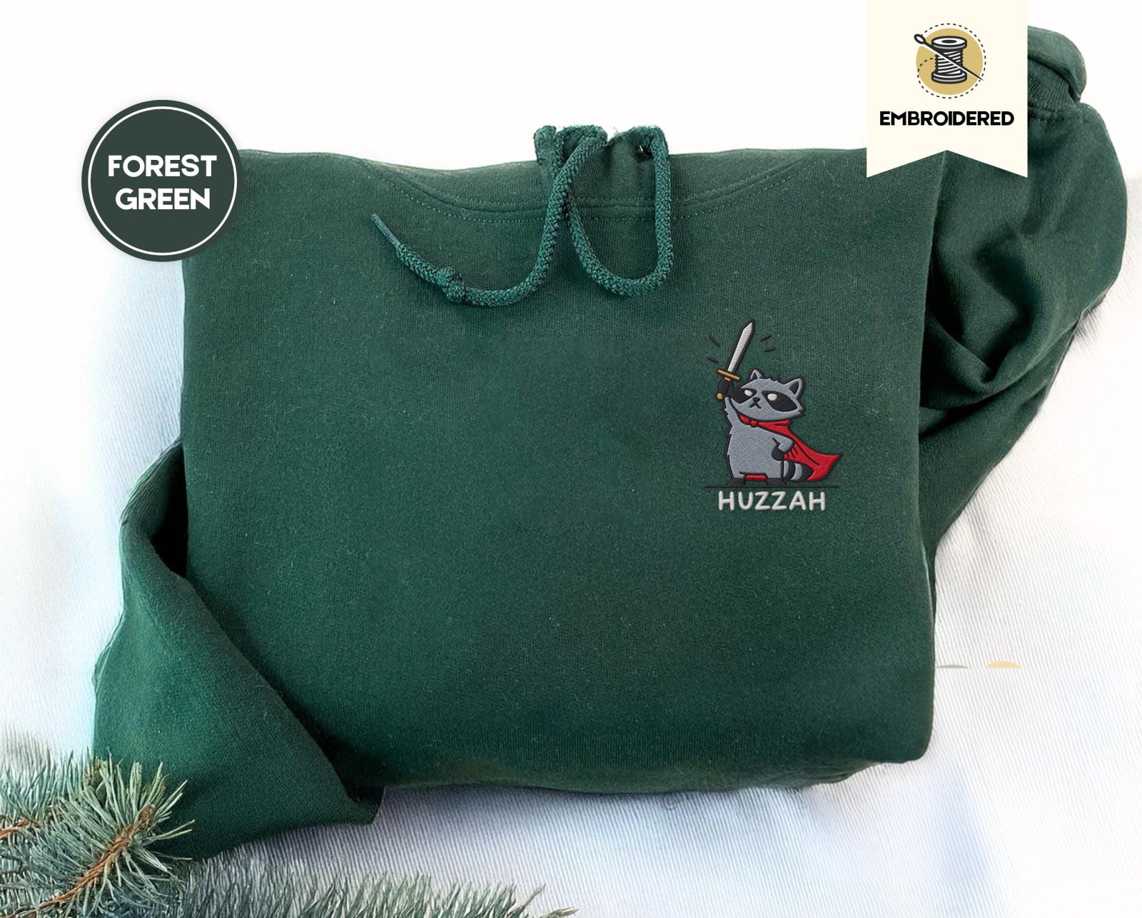 Forest Green Huzzah Raccoon Knight Embroidered Hoodie