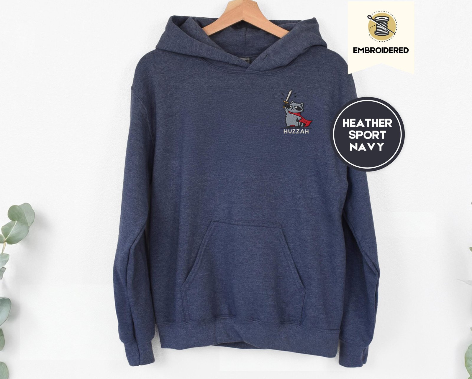 Heather Sport Dark Navy Huzzah Raccoon Knight Embroidered Hoodie