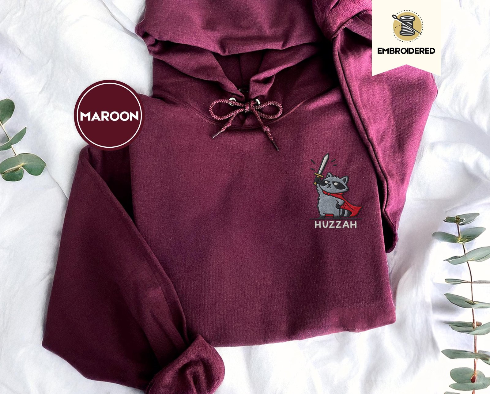 Maroon Huzzah Raccoon Knight Embroidered Hoodie