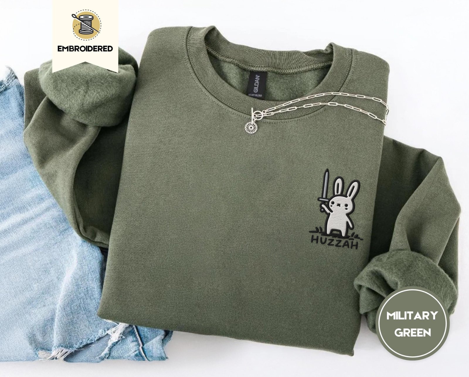 Military Green Huzzah Sword Bunny Embroidered Sweatshirt