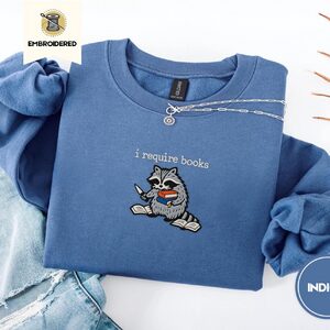 Indigo Blue I Require Books Raccoon Embroidered Sweatshirt