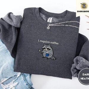 Dark Heather I Require Coffee Raccoon Embroidered Sweatshirt