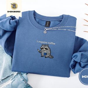 Indigo Blue I Require Coffee Raccoon Embroidered Sweatshirt