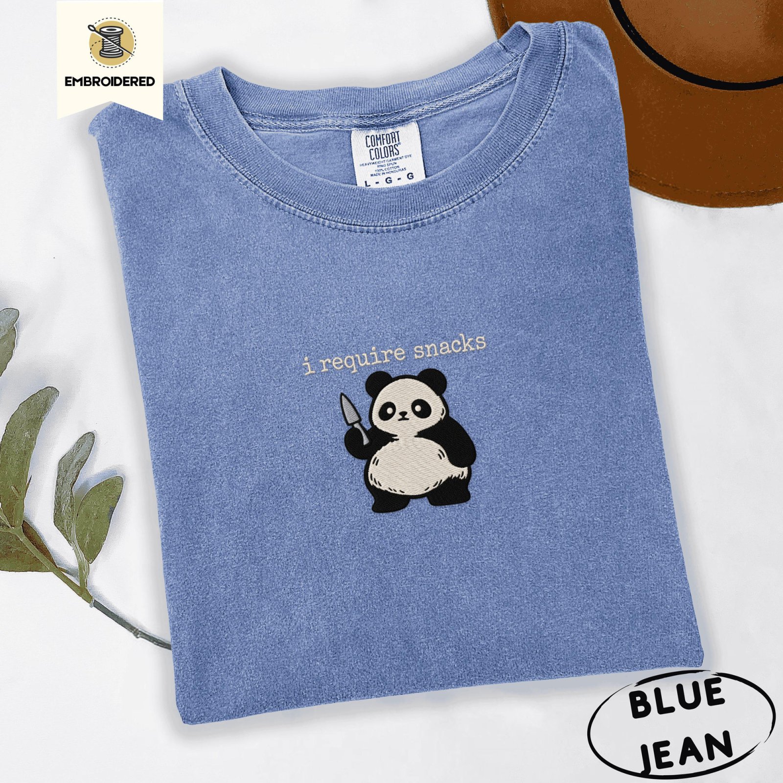 Blue Jean I Require Snacks Panda Embroidered T-Shirt