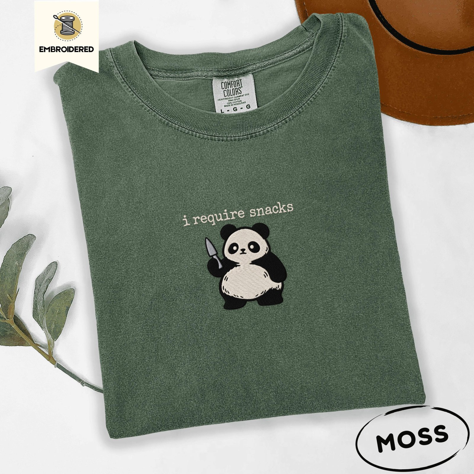Moss I Require Snacks Panda Embroidered T-Shirt
