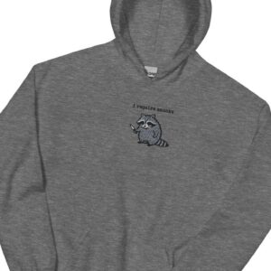Graphite Heather I Require Snacks Raccoon Embroidered Hoodie