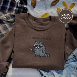 Dark Chocolate I Require Snacks Raccoon Embroidered Sweatshirt