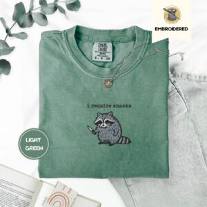 Light Green I Require Snacks Raccoon Embroidered T-Shirt