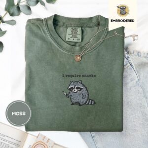 Moss I Require Snacks Raccoon Embroidered T-Shirt