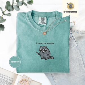 Seafoam I Require Snacks Raccoon Embroidered T-Shirt