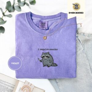 Violet I Require Snacks Raccoon Embroidered T-Shirt
