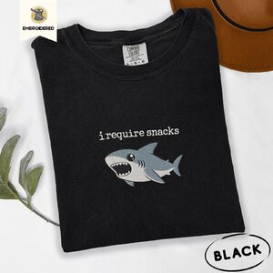 Black I Require Snacks Shark Embroidered T-Shirt