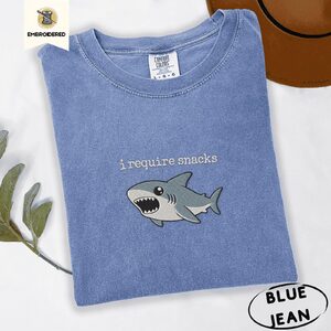 Blue Jean I Require Snacks Shark Embroidered T-Shirt