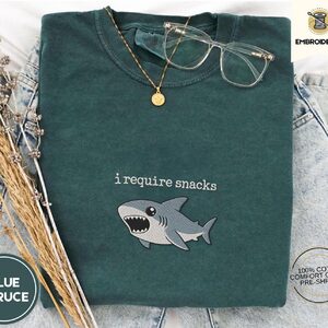 Blue Spruce I Require Snacks Shark Embroidered T-Shirt