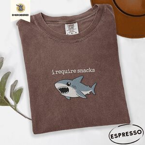 Espresso I Require Snacks Shark Embroidered T-Shirt