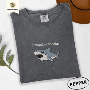 Pepper I Require Snacks Shark Embroidered T-Shirt