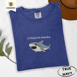 True Navy I Require Snacks Shark Embroidered T-Shirt