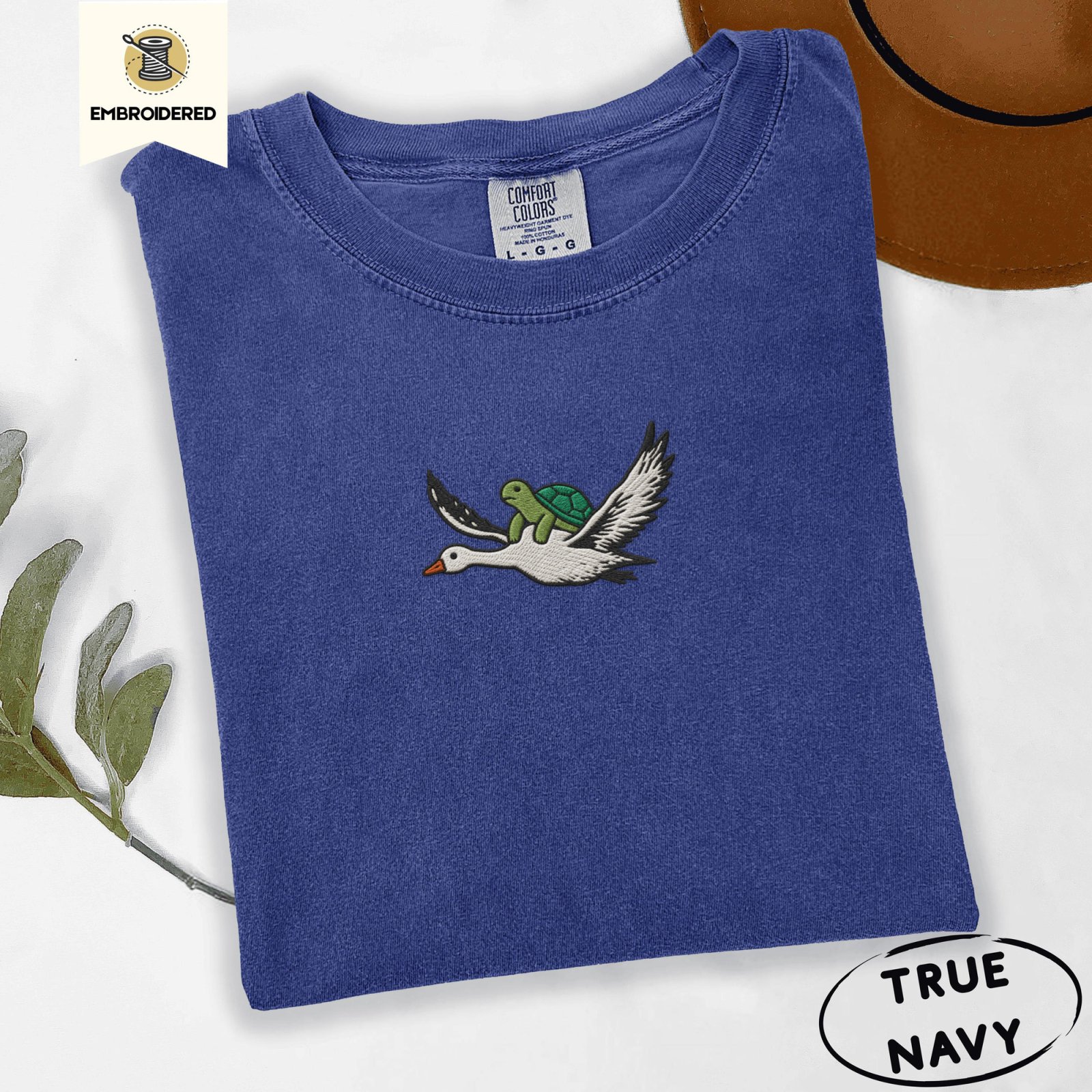 True Navy In Situations Frog Riding Goose Embroidered T-Shirt