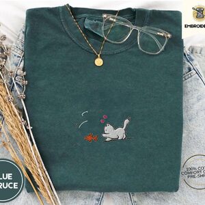 Blue Spruce Kitten and Goldfish Embroidered T-Shirt