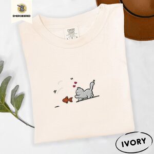 Ivory Kitten and Goldfish Embroidered T-Shirt