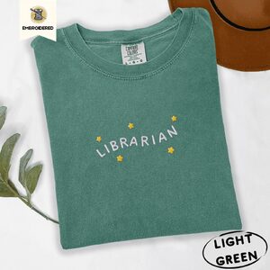 Light Green Librarian Stars Embroidered T-Shirt