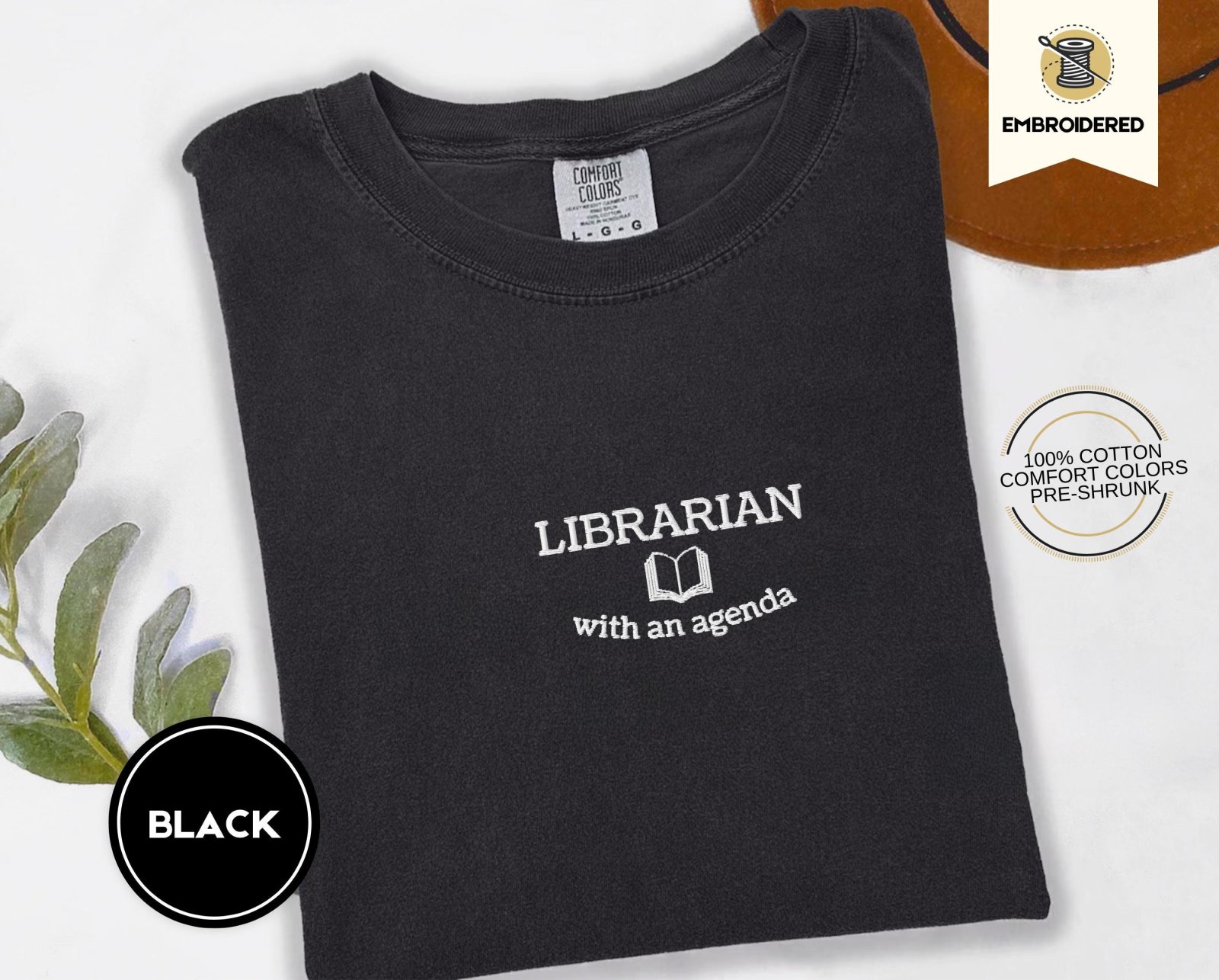 Black Librarian With An Agenda Embroidered T-Shirt