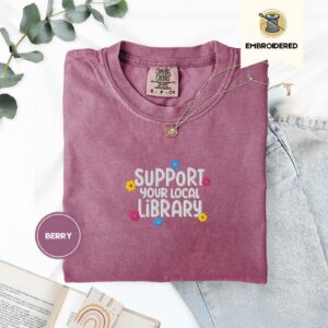 Berry Library Lettering and Flowers Embroidered T-Shirt