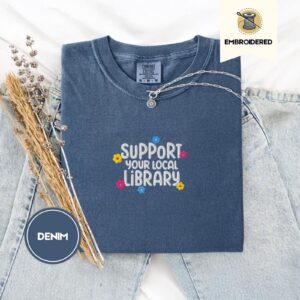 Denim Library Lettering and Flowers Embroidered T-Shirt