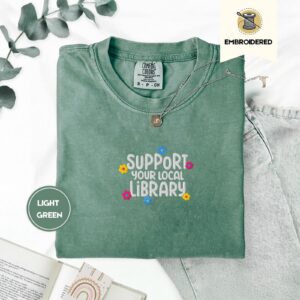 Light Green Library Lettering and Flowers Embroidered T-Shirt