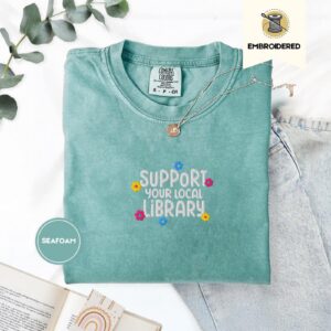 Seafoam Library Lettering and Flowers Embroidered T-Shirt