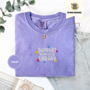 Violet Library Lettering and Flowers Embroidered T-Shirt