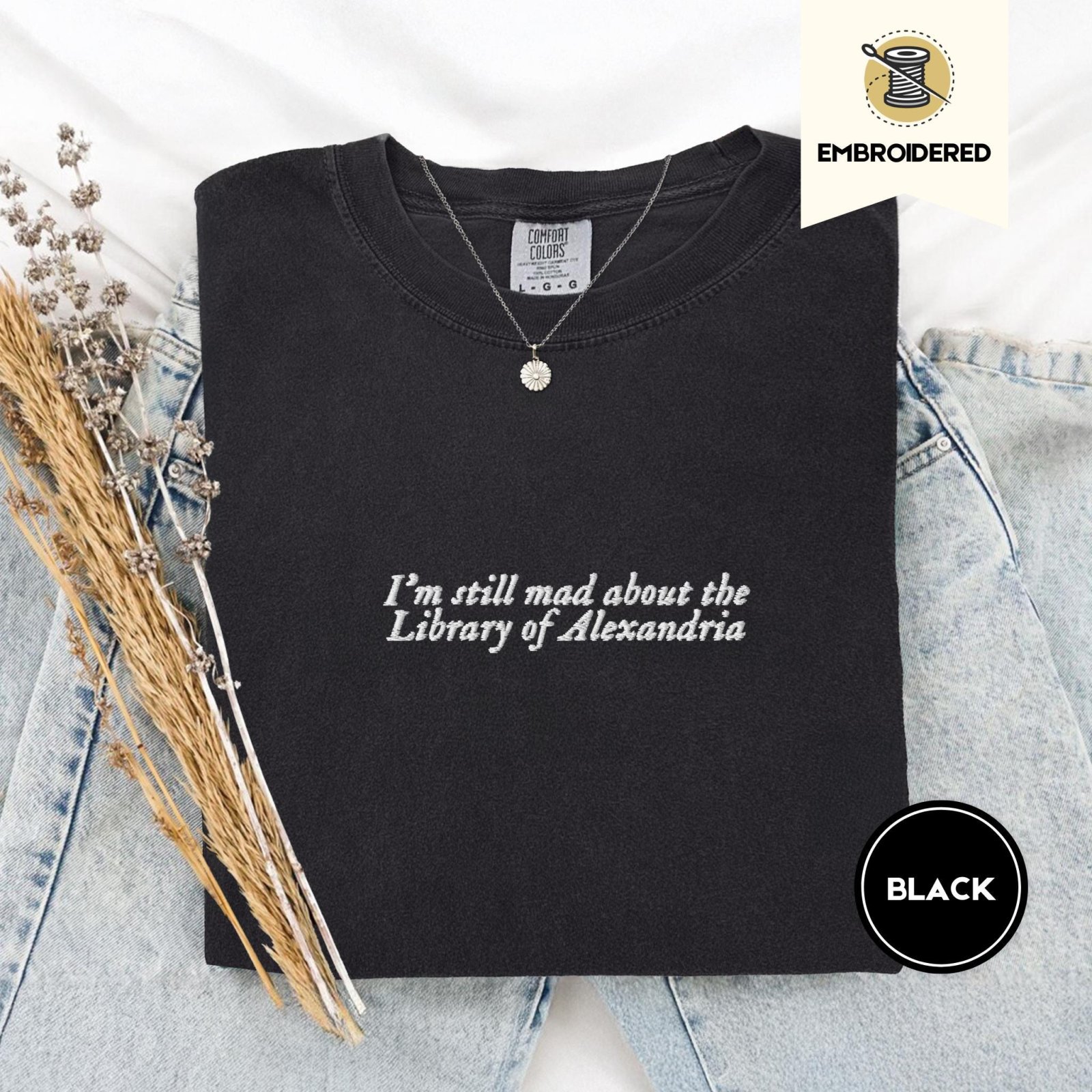 Black Library of Alexandria Embroidered T-Shirt