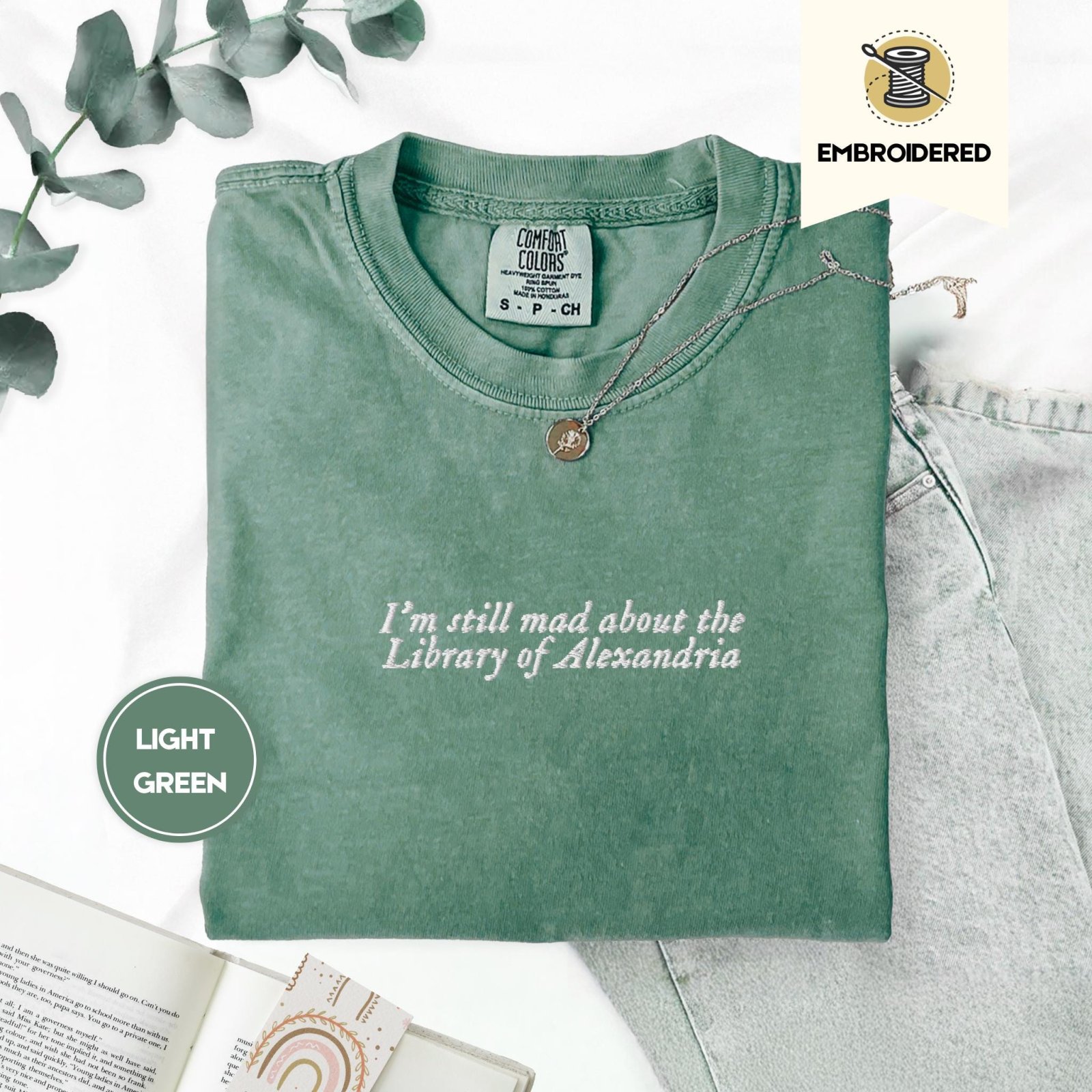 Light Green Library of Alexandria Embroidered T-Shirt