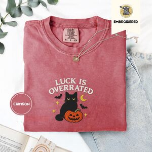 Crimson Luck Is Overrated Black Cat Embroidered T-Shirt