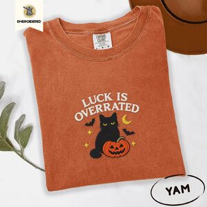 Yam Luck Is Overrated Black Cat Embroidered T-Shirt