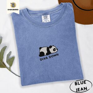 Blue Jean Lying Panda Diva Down Embroidered T-Shirt